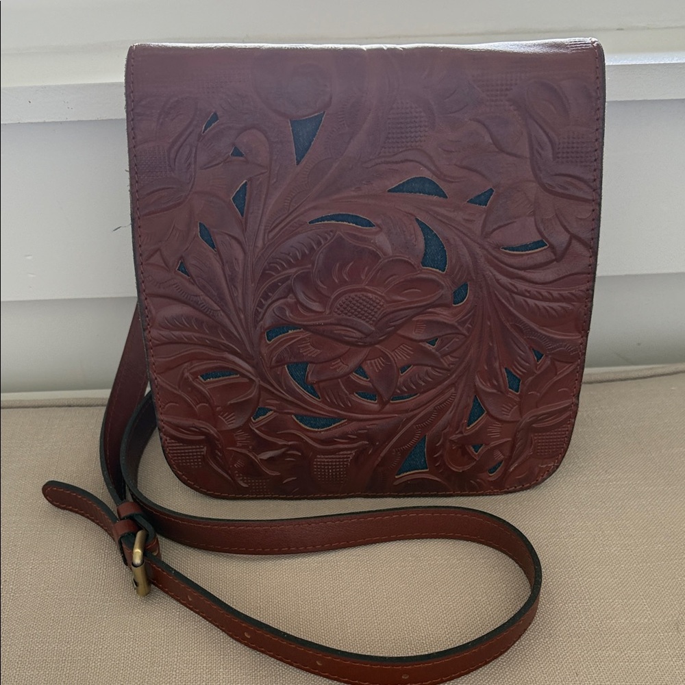 Patricia Nash Brown Crossbody Leather Bag  with Denim Cut Outs